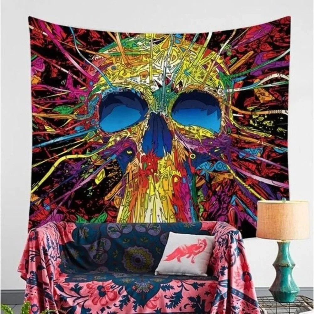 Psychedelic Trippy Vibe Acid Skull Tapestry. New